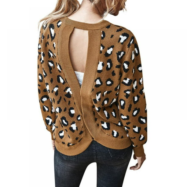 TEXXIS Women Fashion Round Neck Long Sleeve Leopard Patchwork T-Shirt Knits & Tees 